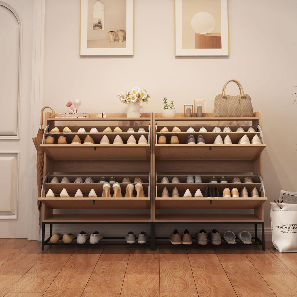 Narrow Shoe Storage Cabinet with 2 Flip Drawers, Freestanding Shoe Organizer Slim Shoe Cabinet Storage, Wooden Closed