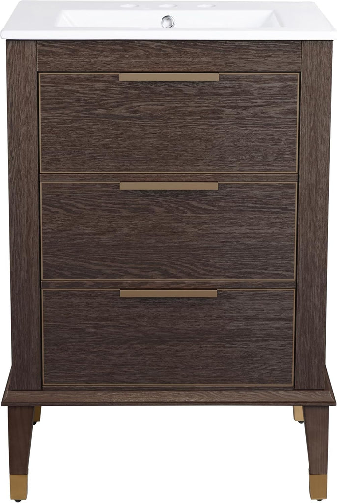 24-Inch Bathroom Vanity in Brown Oak with White Ceramic Sink Top, 3-Hole Faucet