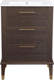 24-Inch Bathroom Vanity in Brown Oak with White Ceramic Sink Top, 3-Hole Faucet