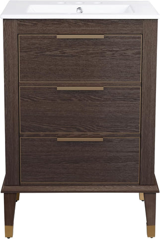 24-Inch Bathroom Vanity in Brown Oak with White Ceramic Sink Top, 3-Hole Faucet