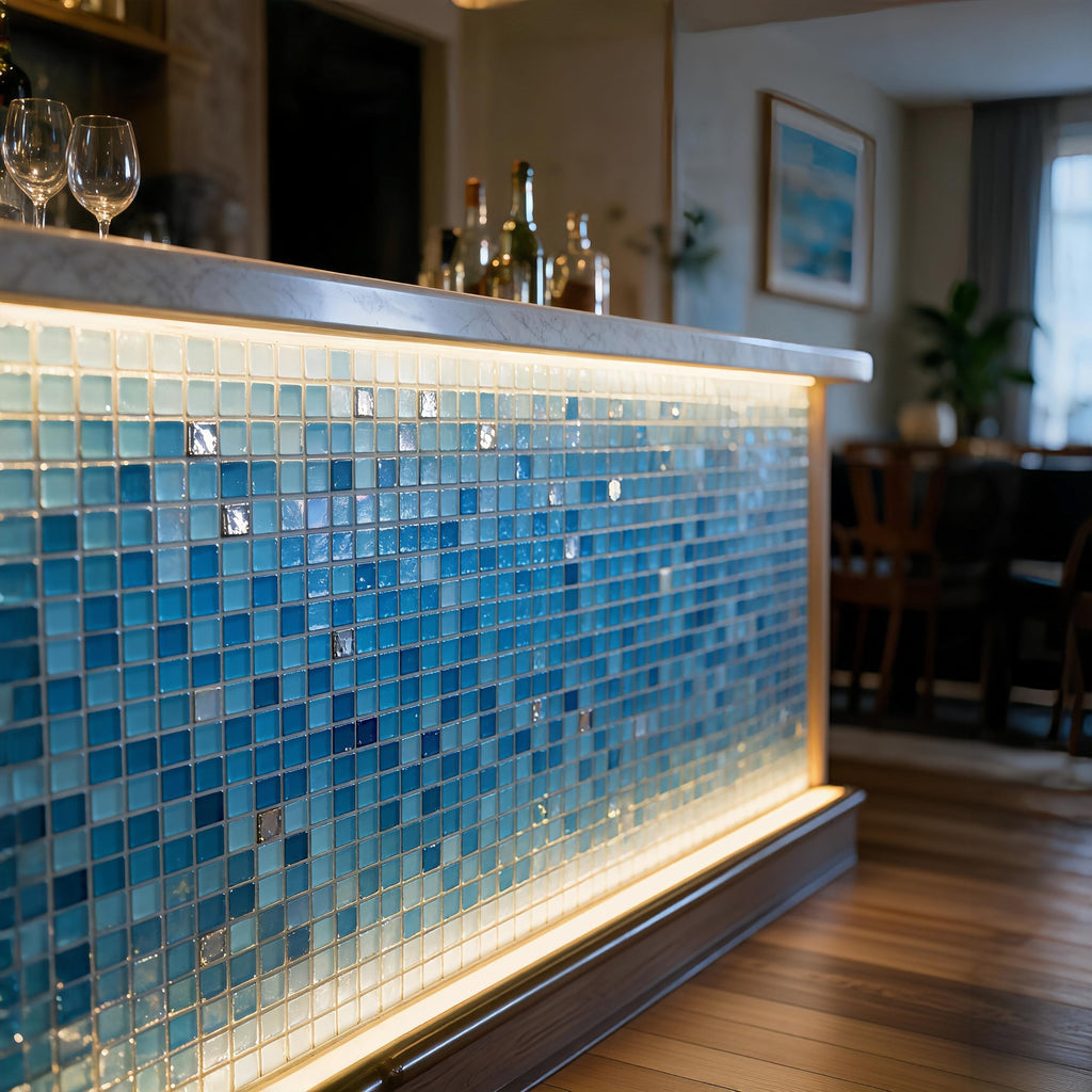 Light Blue Glass Mosaic Tiles, 6mm Ocean Gradient Backsplash, 15 Sheets