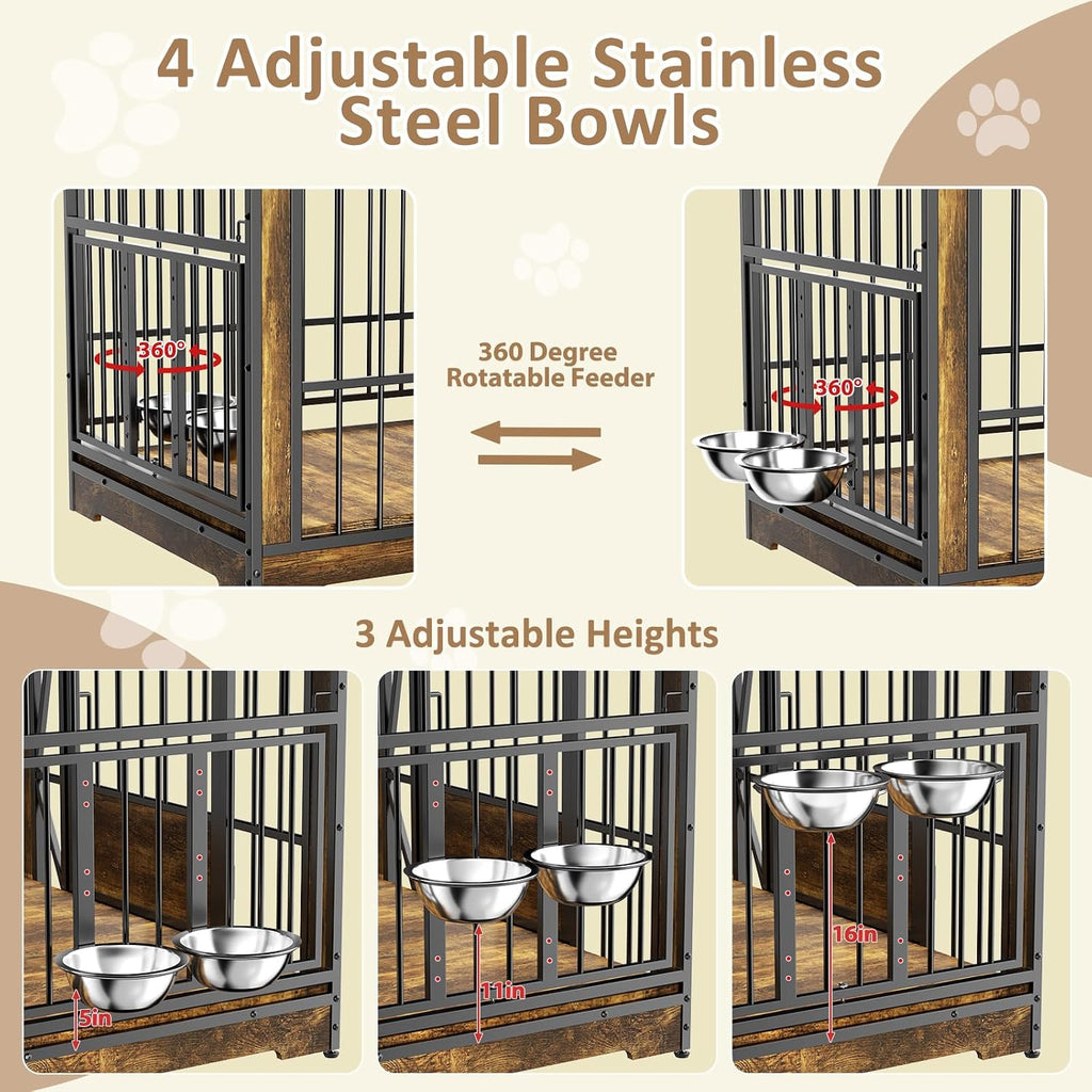 71 Inch Double Dog Crates Furniture for Large Dogs, Heavy Duty Dog Kennel Indoor with Adjustable Divider and 4 Bowls