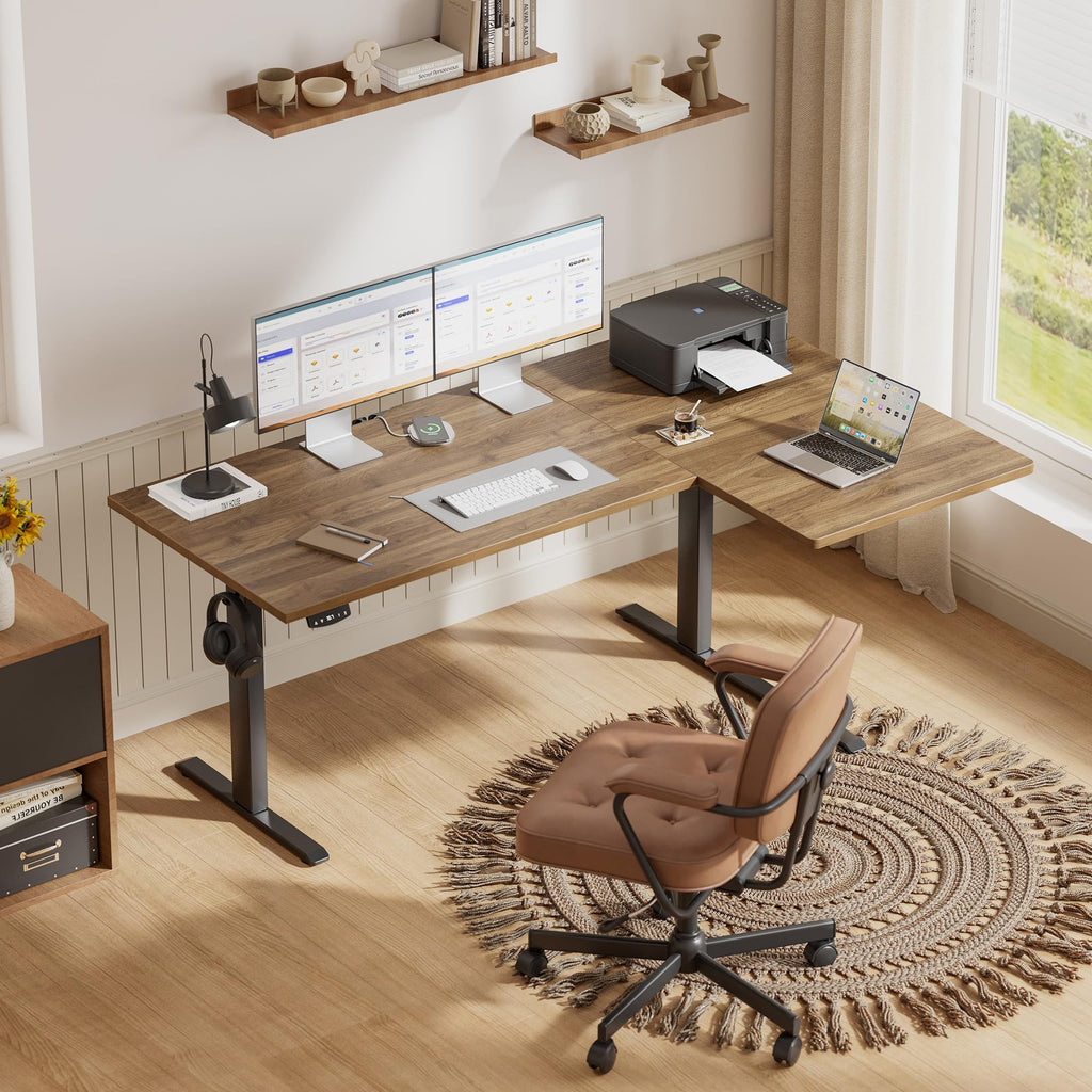 63 * 35 Inch Reversible L Shaped Electric Standing Desk, Walnut