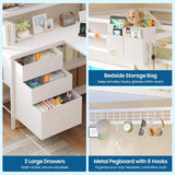 Twin Loft Bed with L-Shaped Gaming Desk, Storage Drawers, Glass Cabinet & Hutch
