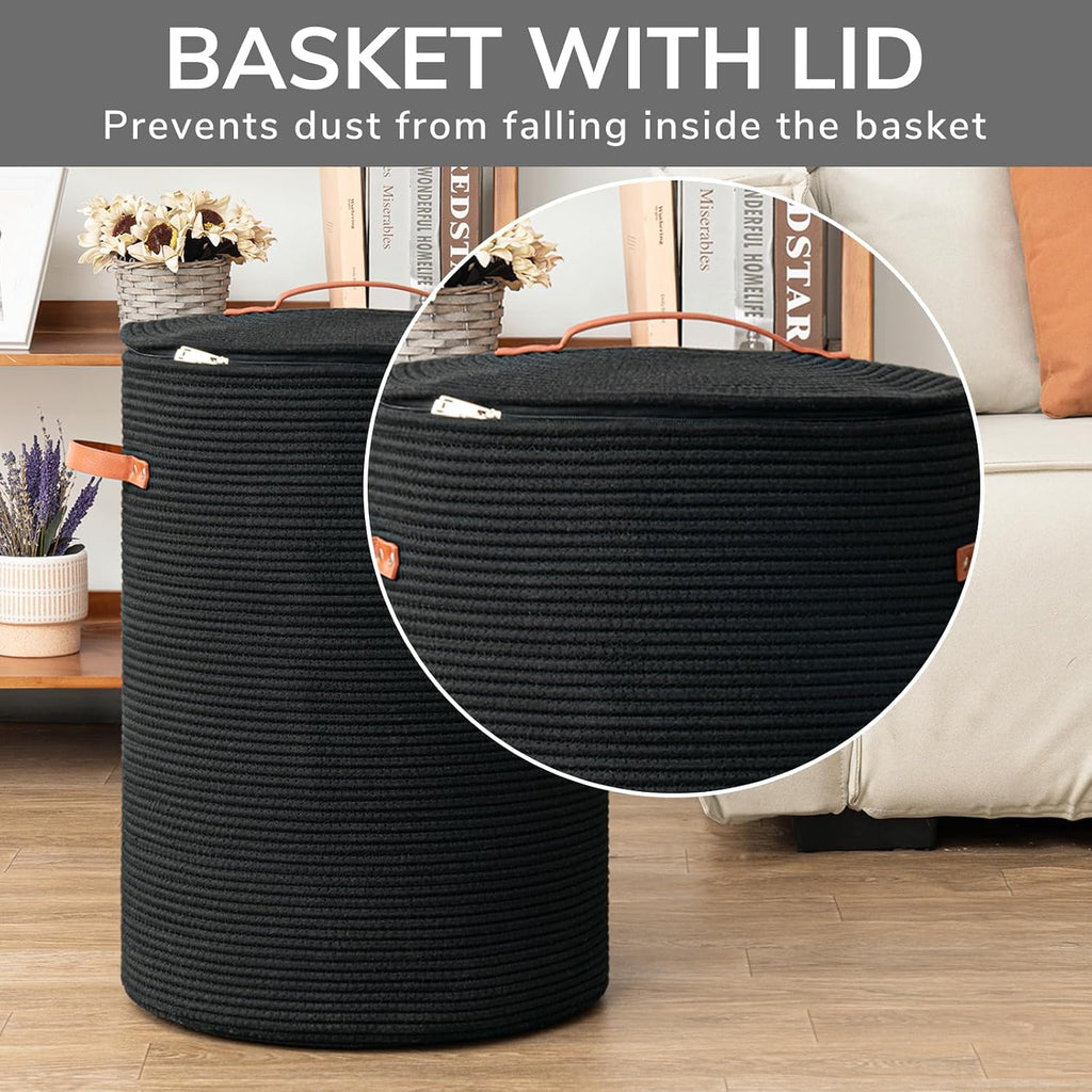 Large Woven Laundry Basket with Lid & Leather Handles, 60L, Black | 15" x 20" Tall Laundry Hamper, Storage Basket for