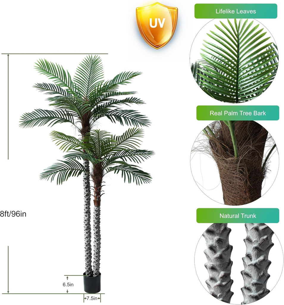 8ft Tall UV Resistant Faux Palm Tree, 96in Artificial Palm Tree Indoor Outdoor, Fake Tree with Real Bark and