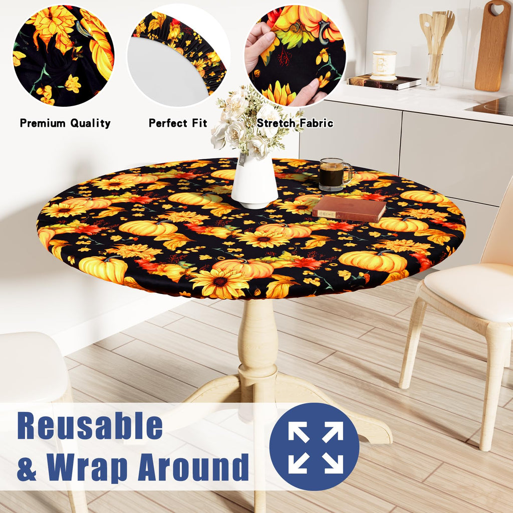 Round Spandex Thanksgiving Fitted Tablecloth for 57"-68" Tables