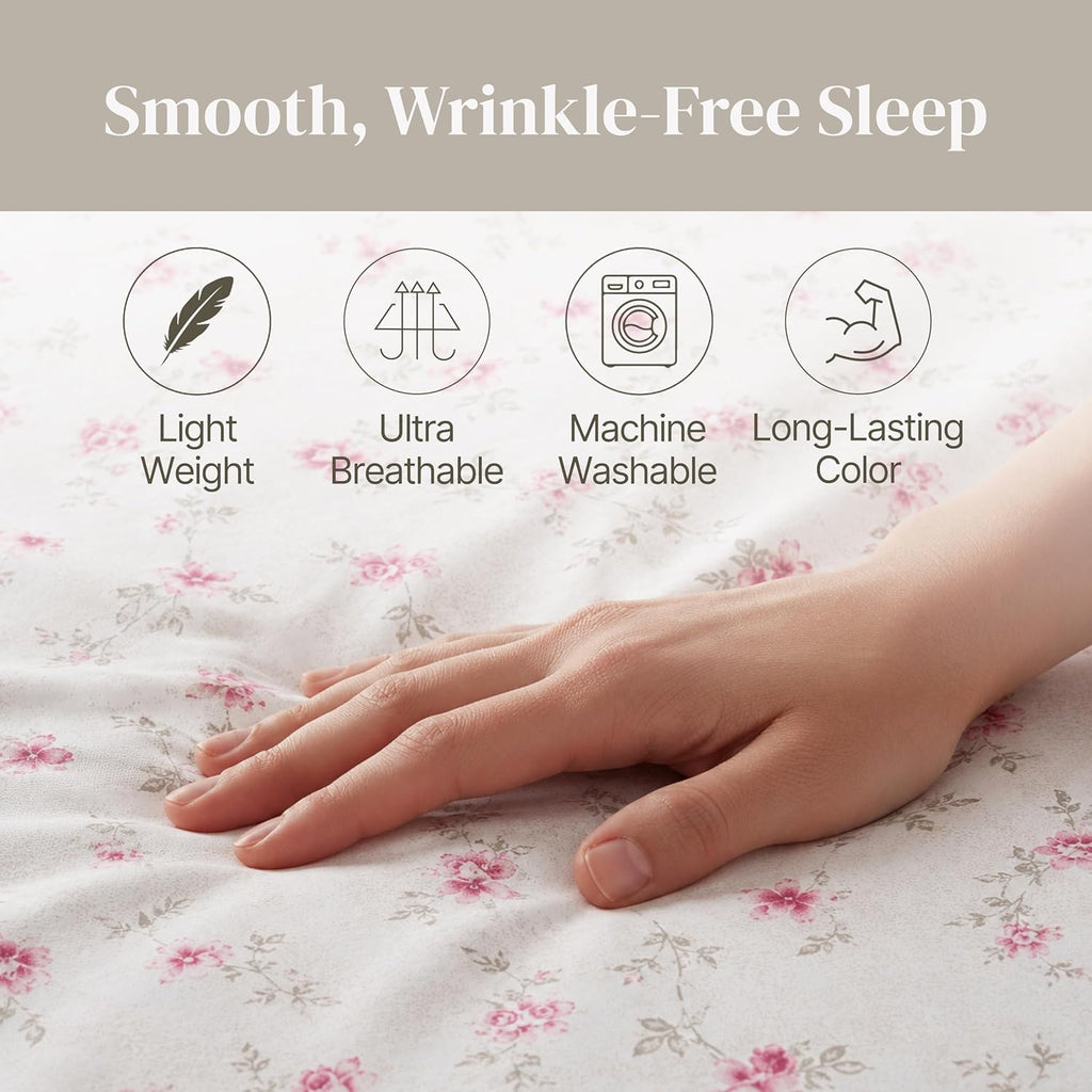 4-Piece Ultra Soft Microfiber Bed Sheets Set, Wrinkle Free Sheets with Deep Pockets Fitted Sheet, Flat Sheet & Pillowcases, Lightweight Breathable Bedding, Floral Rose, Queen