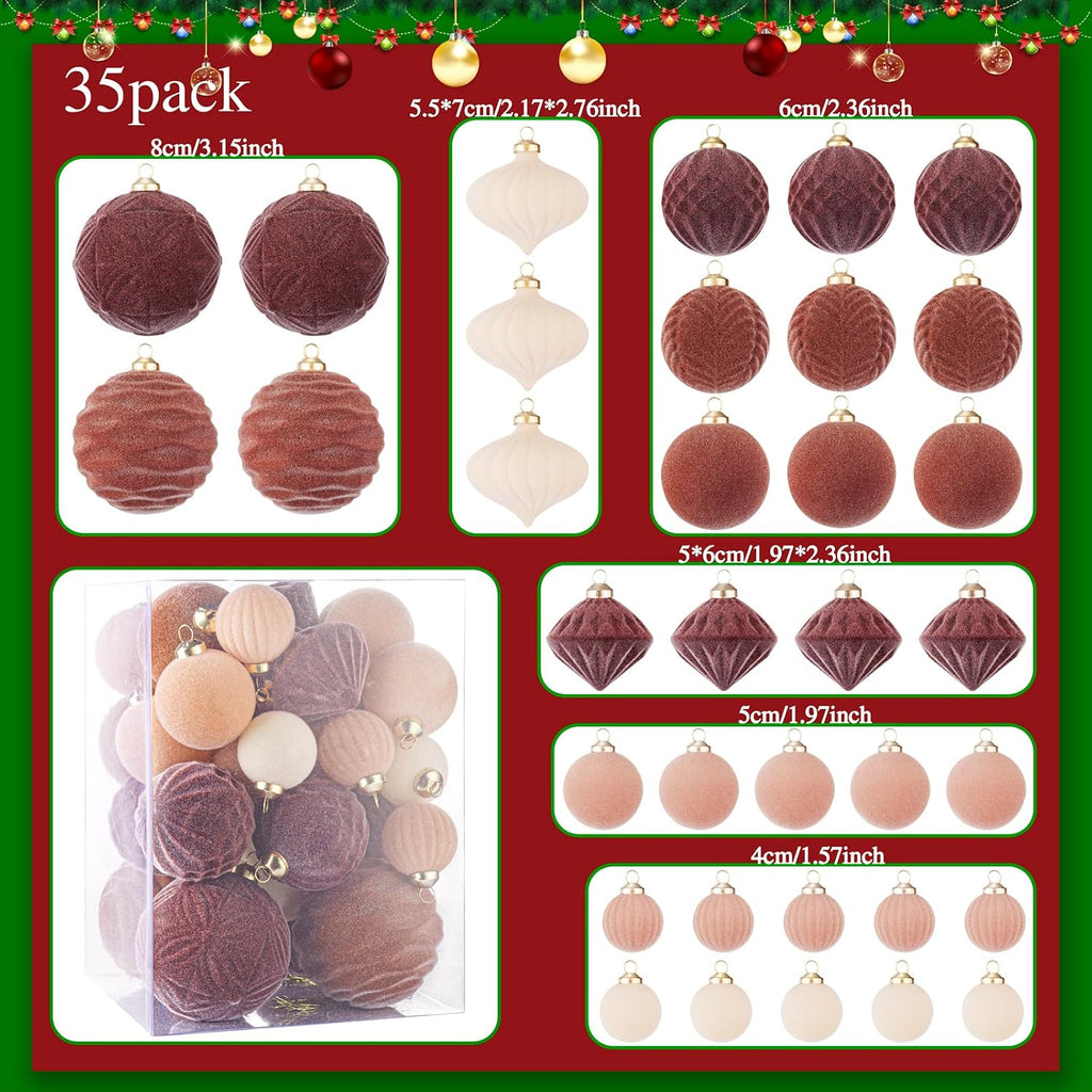 35PCS Velvet Christmas Balls - Shatterproof Christmas Ball Decorations - Neutral Christmas Ornaments Set - 10 Styles