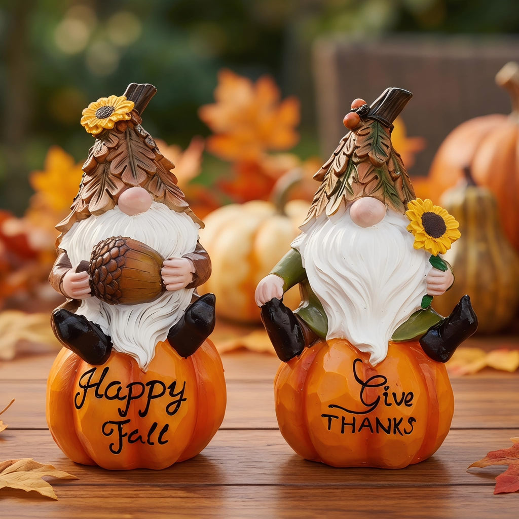 Fall Gnomes Figurines Set of 2, Pumpkin Thanksgiving Decor