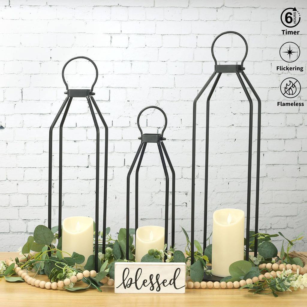 Modern Farmhouse Lanterns, Set of 3 Black Metal Lanterns w/ 6hr Timer Flickering Flameless Candles, Decorative for