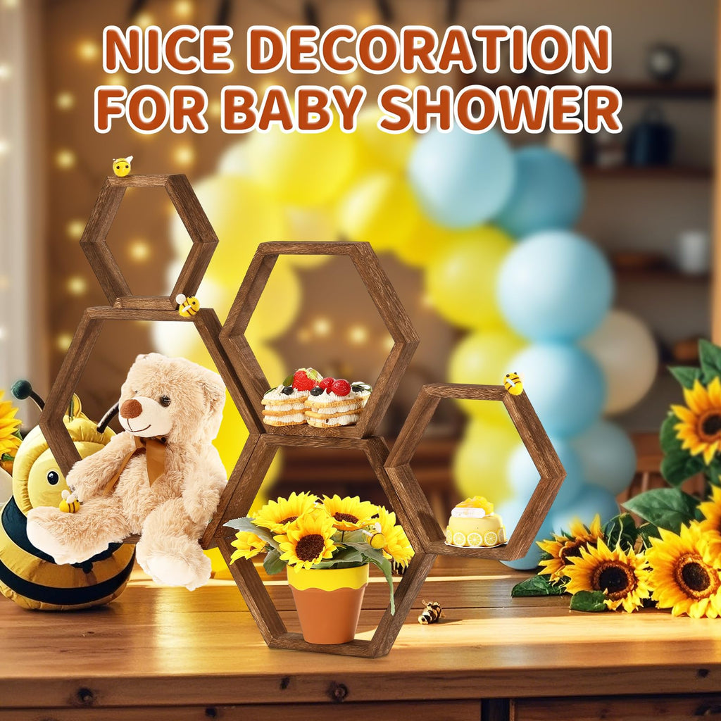 Honey Comb Decorations 5 Size Wood Hexagon Shelves, Dark Brown, 5 Pcs