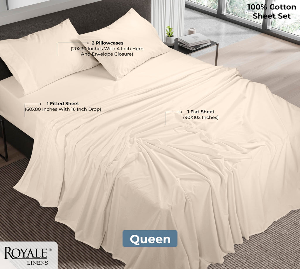 100% Organic Cotton Queen Sheet Set - Percale Weave - 4 Pieces Set - 1 Flat, 1 Deep Pocket Fitted Sheet and 2