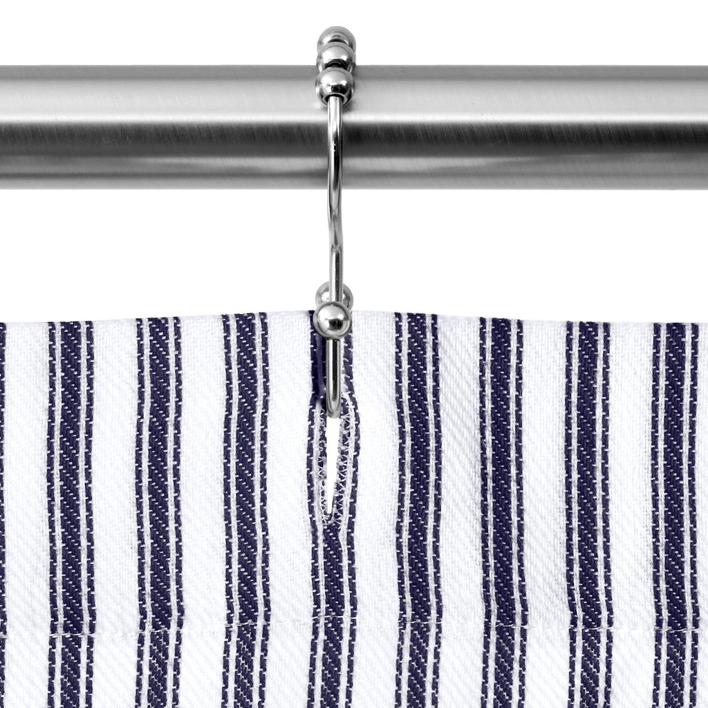 Navy Blue and White Ticking Stripe Woven Cotton Extra Long 72 Inches W x 84 Inches L