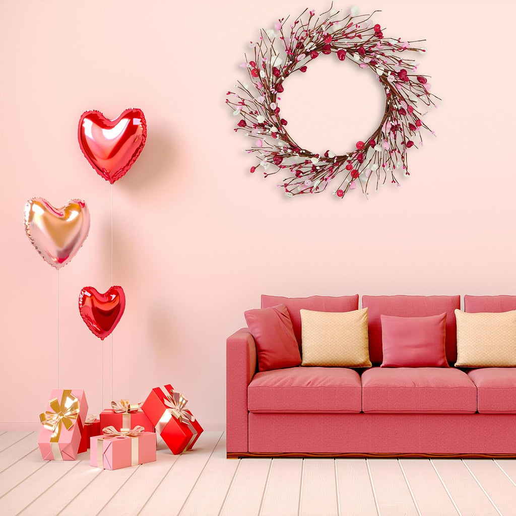 Valentine's Day Wreath Pink Heart Shaped Berry Wreath with Heart Berry,Wooden Button Outdoor Wedding Anniversary