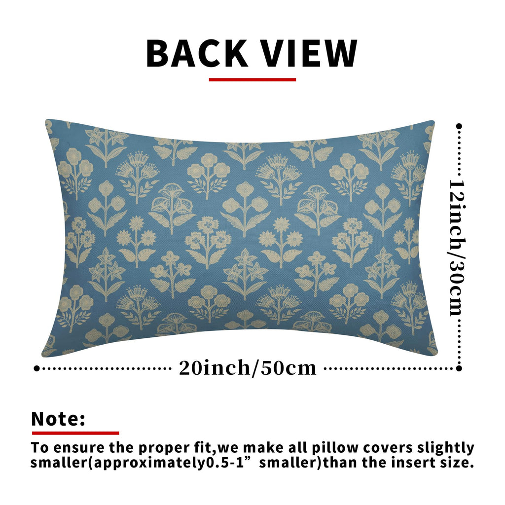 Light Blue Pillow Covers 12x20 Inch Set of 2, Cream Floral Block Print Pattern Lumbar Decorative Throw Pillowcases