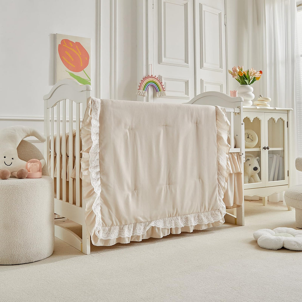 Ruffled Crib Bedding Set Floral Design 3 Pieces Baby Boho Quilted Comforter with Fitted Sheet and Bed Skirt - Cute