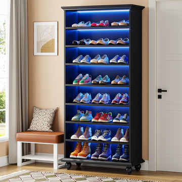 Narrow Tall Shoe Cabinet with LED Lighting, 9-Tier 30 Pairs Freestanding Shoes Storage Cabinet, Wood Shoe Organizer