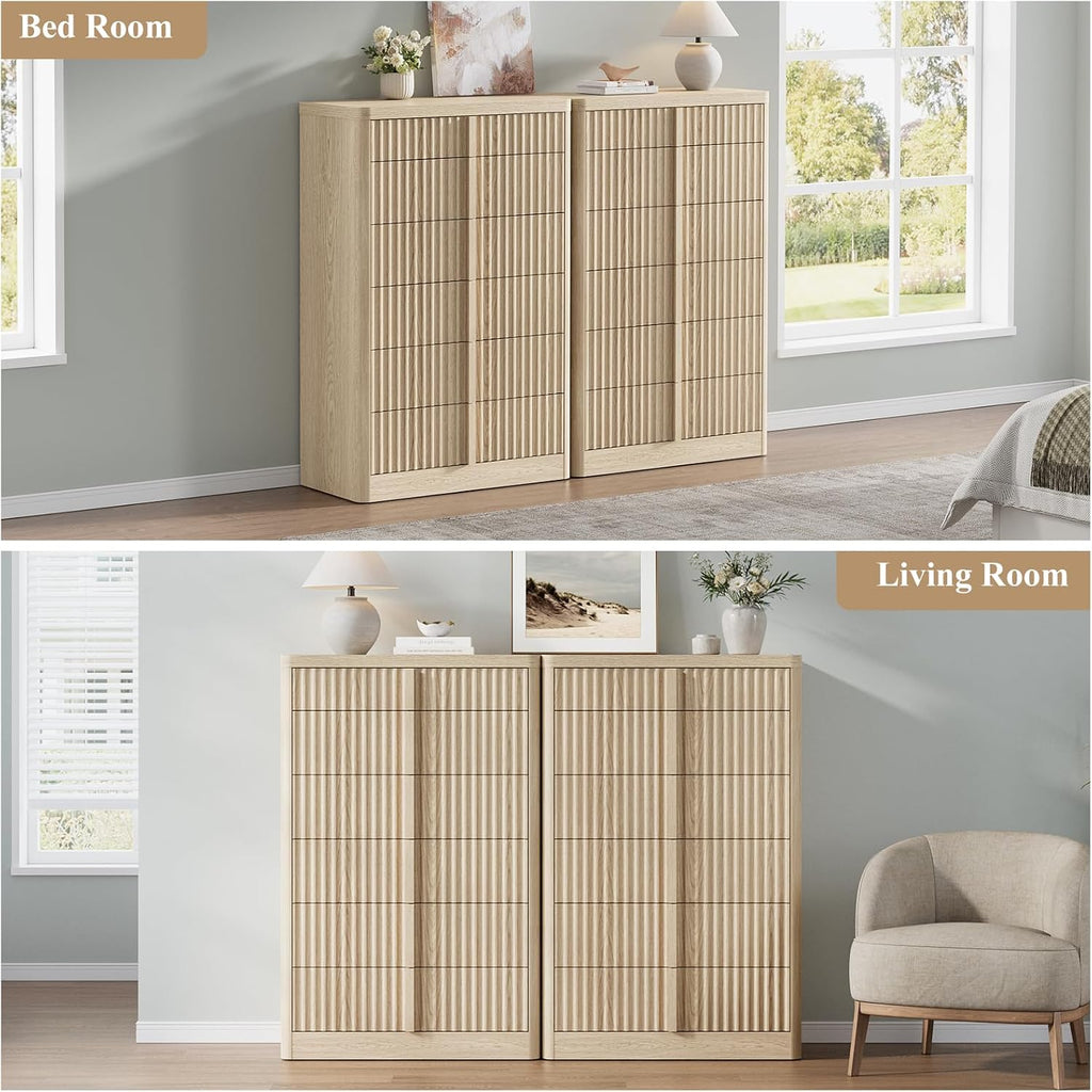 Fluted Dresser , 48" Tall 6 Drawer Dressers, Modern Chest of Drawers with Solid Wood Handle, Curved Profile Design