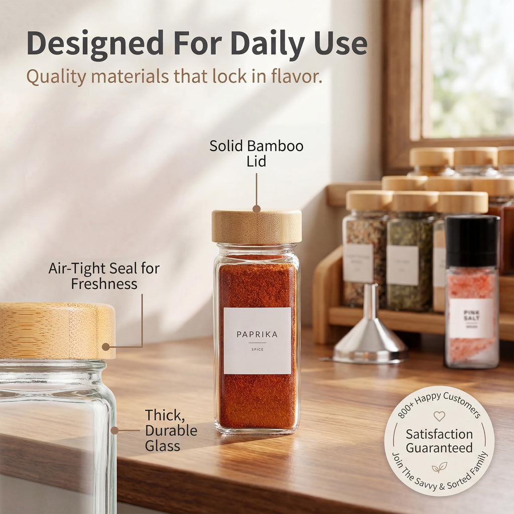 Glass Spice Jars with Label, 24PK Bamboo Jar Spices Set 4oz, 374 Spice Labels, Pepper Grinder, Empty Herb Seasoning