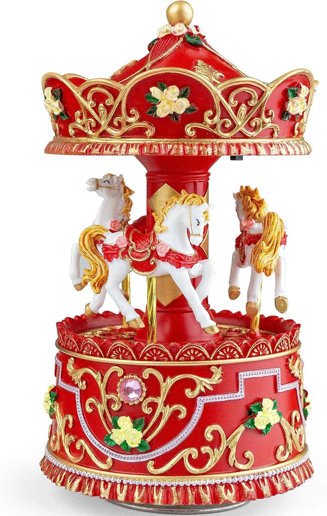 Christmas Carousel Music Box with Lights, Rotating Wind-Up Merry-Go-Round Horse Figurine, Hand-Painted Red and Gold