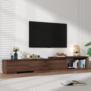 Extendable TV Stand with 3 Drawers, Modern Minimalist Entertainment Center, Reversible Long TV Media Console, Bevel