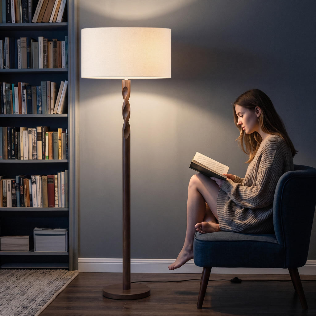 64 Inch Twisted Walnut Wood Floor Lamp with Linen Shade, Cream