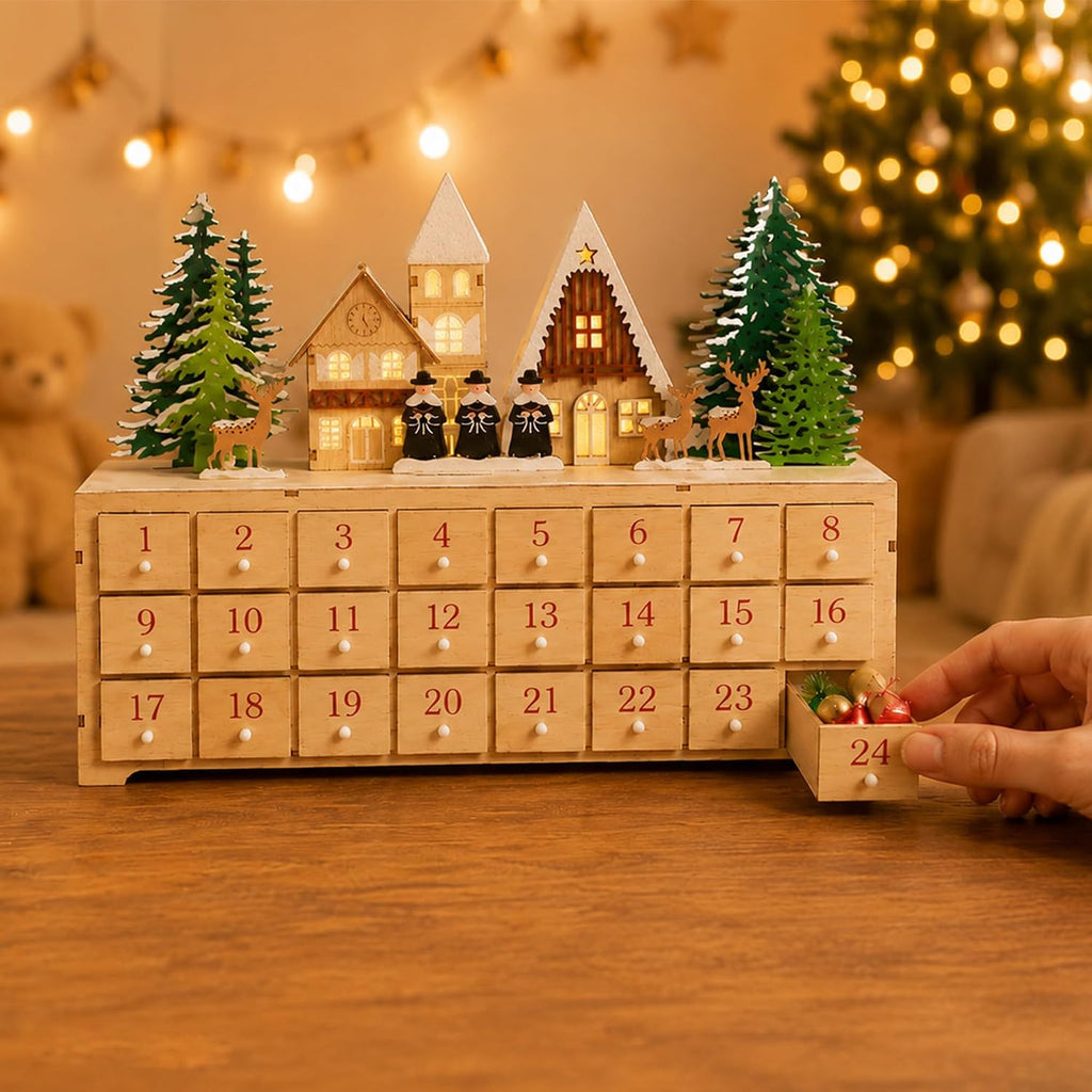 Wooden Advent Calendar with LED Lights, 24 Drawers Countdown to Christmas, Barn House Design, Holiday Decoration
