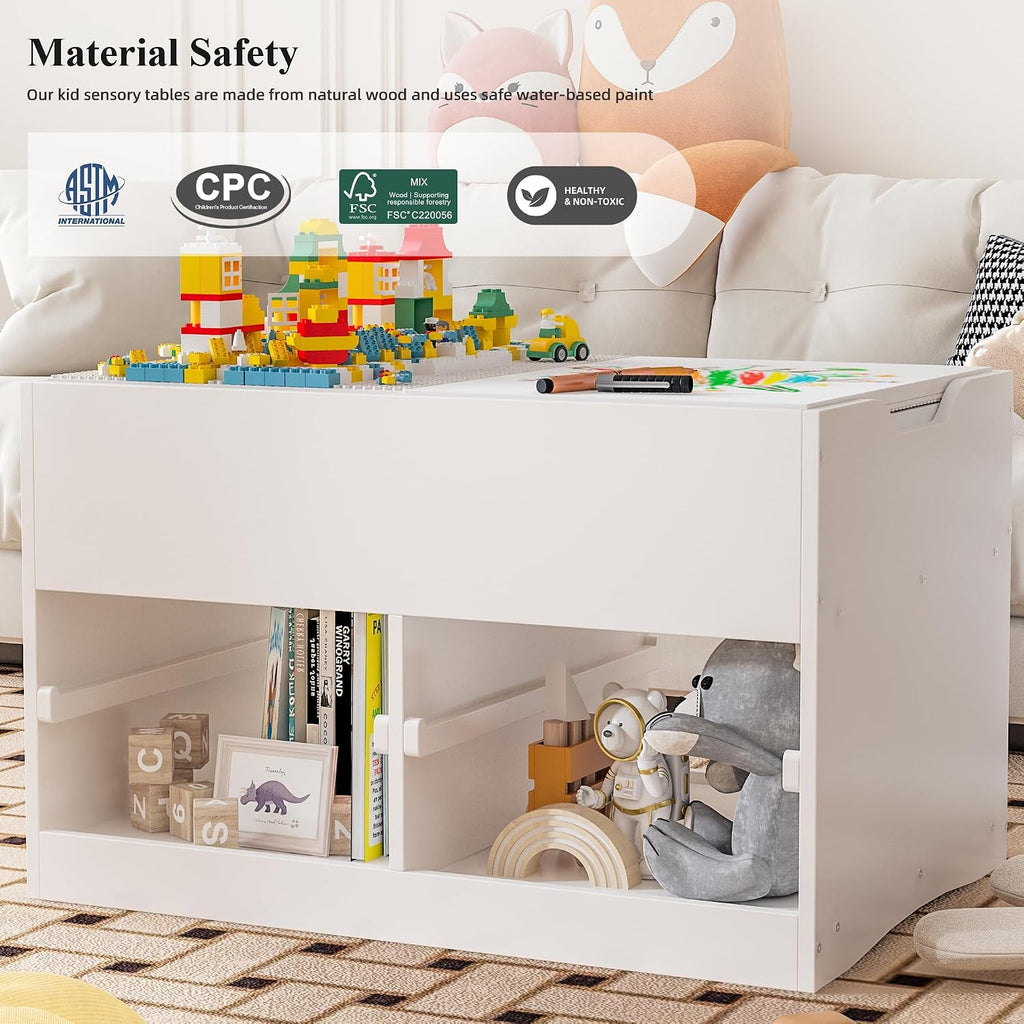 Kid Sensory Table with Storage - Activity Table with Building Block Boards & Foldable Storage Bins, Birthday Gifts