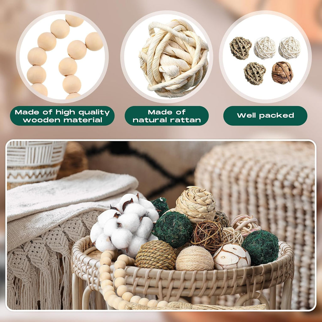 3.15 and 1.97 Inch Decorative Balls, 20.9 Inch Garland Wood Beads Rattan Wicker Balls with Spheres Orbs Filler - Set of 25