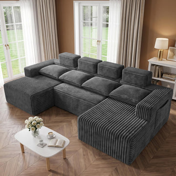 Boneless Couches 113" - Modular Sectional Sofa with Side Pockets U Shaped High Back Oversized Deep Seat Corduroy No