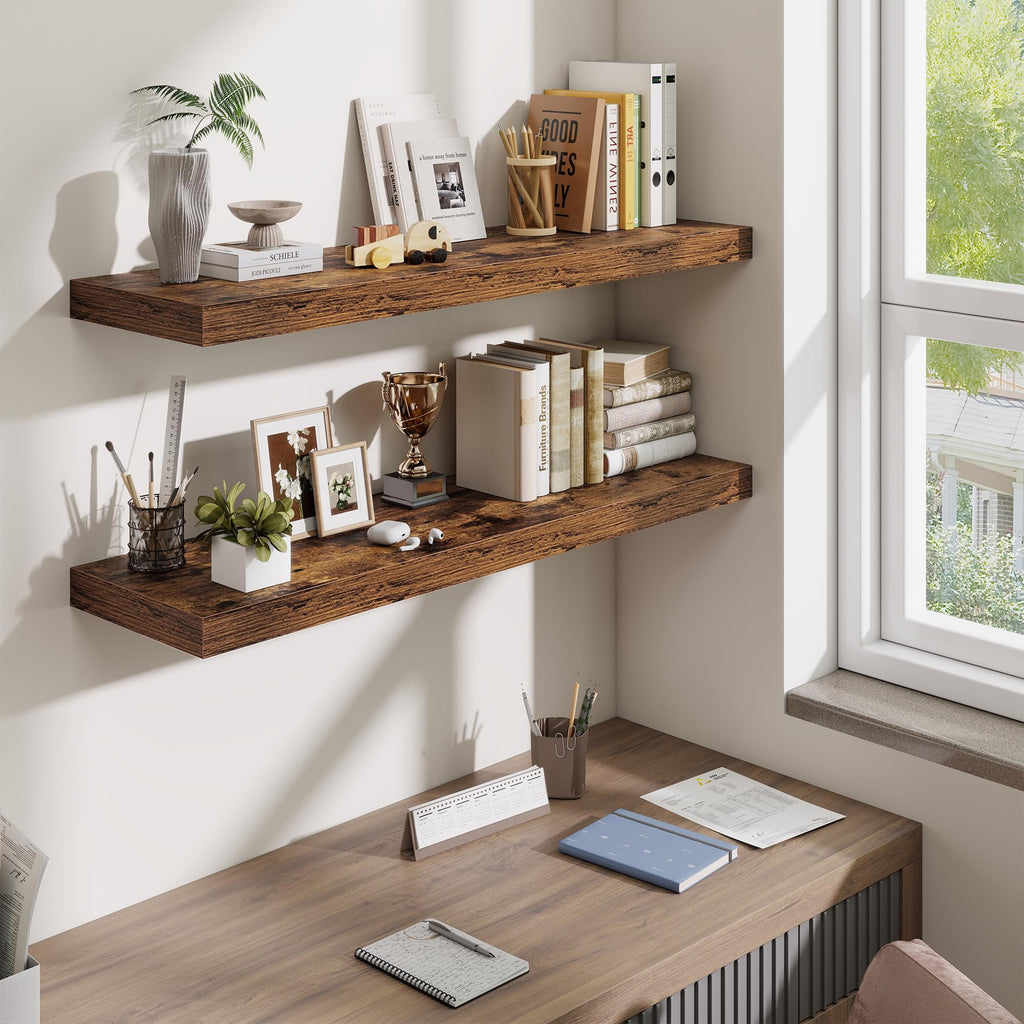 Floating Shelves Set of 3, 40 Inch Long Wooden Wall Shelves, 10 Inch Deep Wall Mounted Storage Shelf with Metal