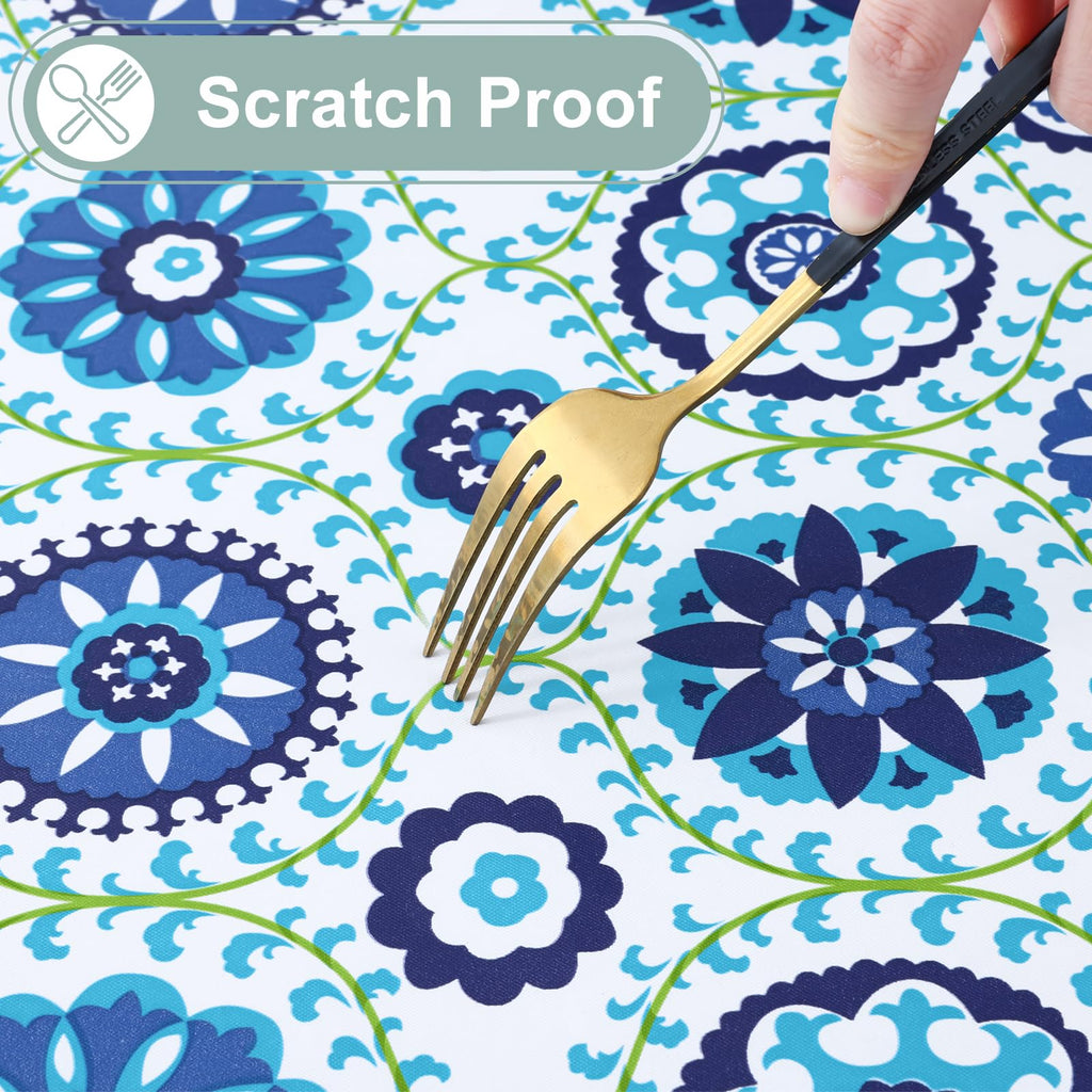 Round Waterproof Vinyl Table Cloth, Wipeable Tablecloth with Flannel Backing, Plastic Table Cover for Dinner, Picnic