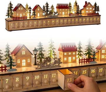 32 inch Light-Up Wooden Christmas Village Advent Calendar with 24 Drawers