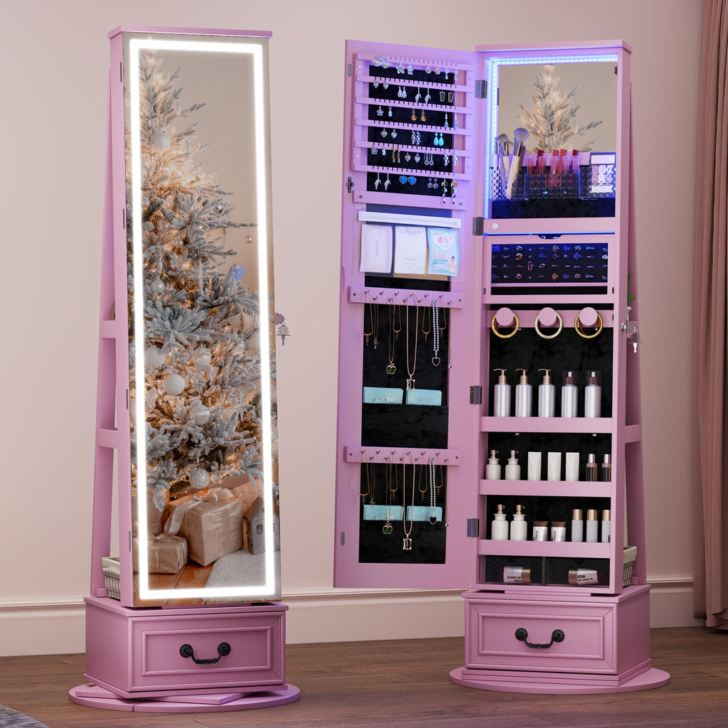 LED Mirror Jewelry Cabinet Standing, 360°Swivel Jewelry Armoire with Full Length Mirror, Mirror with Jewelry Storage