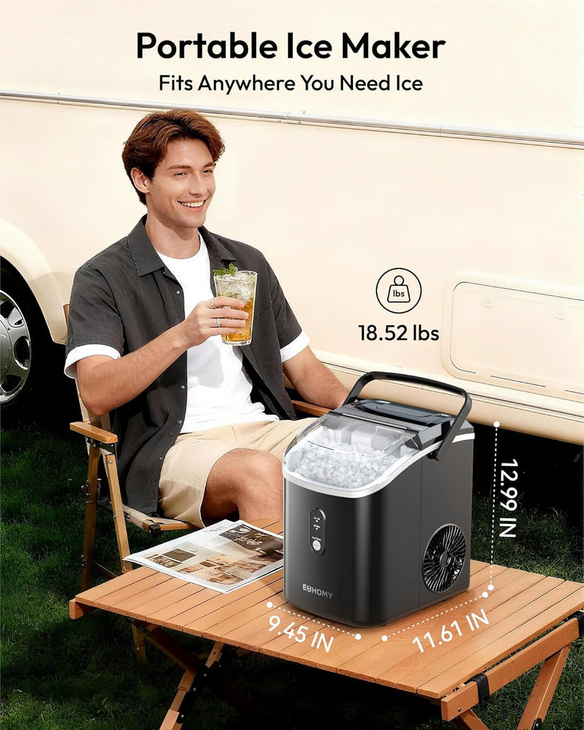 Nugget Ice Maker Countertop with Handle, Ready in 6 Mins, 38lbs/Day, Removable Top Cover, Self-Cleaning, Portable
