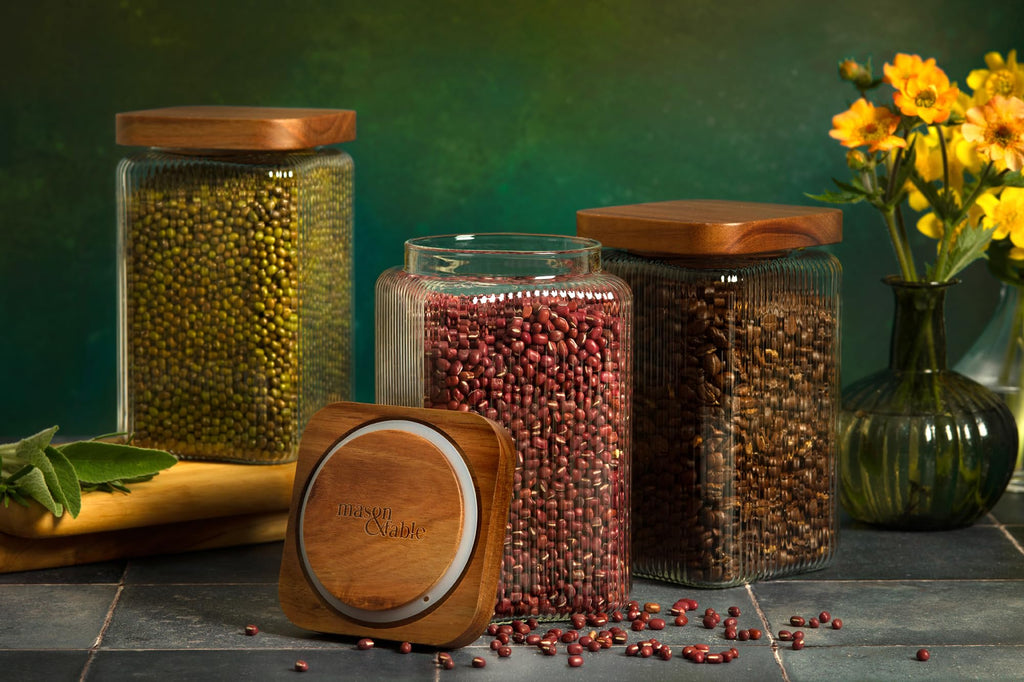 Ribbed Glass Square Jar with Wooden Lid 45fl.oz - Set of 3 | Airtight Fluted Storage Canister for Food, Pasta
