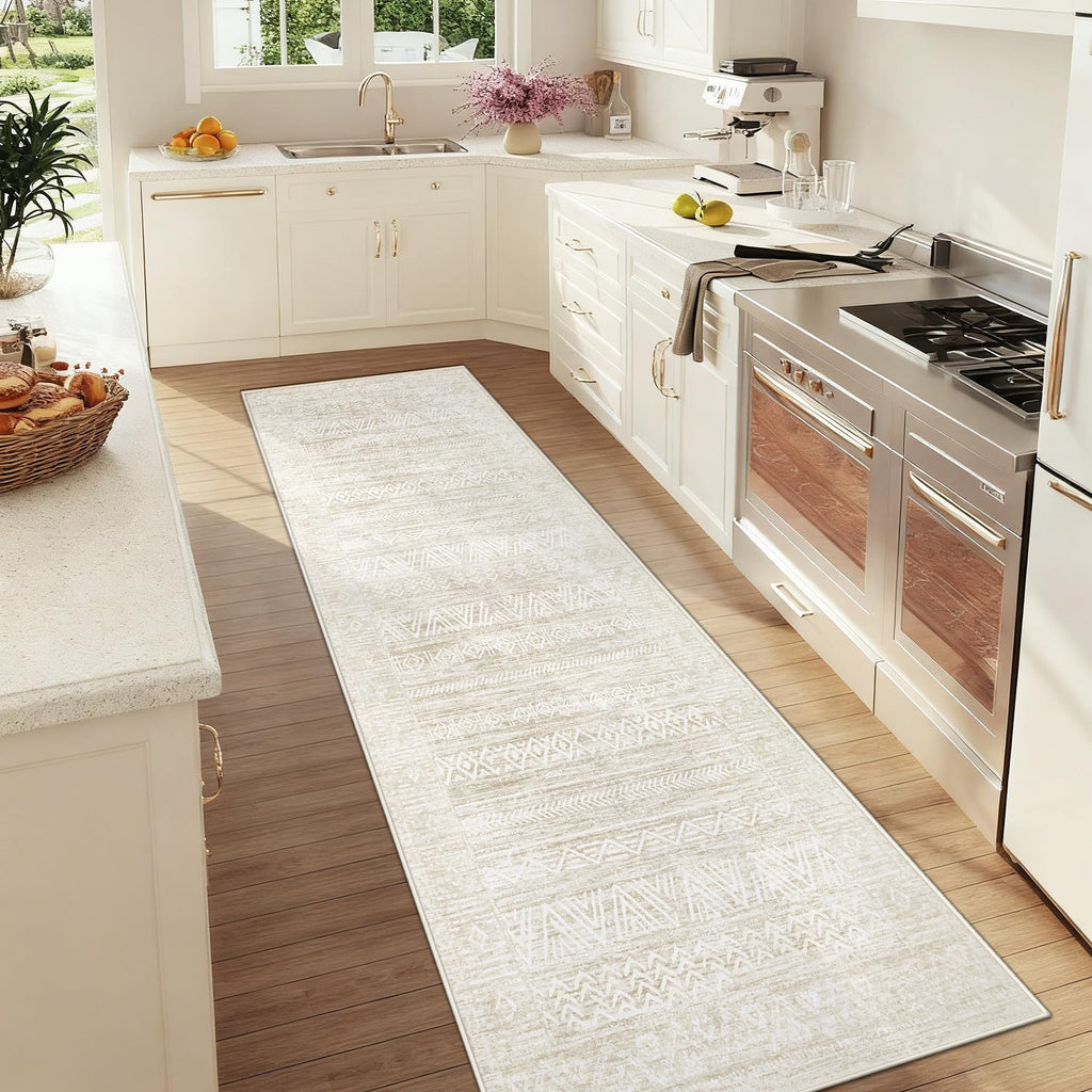 Washable Runner Rug: Moroccan Geometric Boho Rug Farmhouse Non Slip Stain Resistant Rugs Low Pile Soft Carpet for