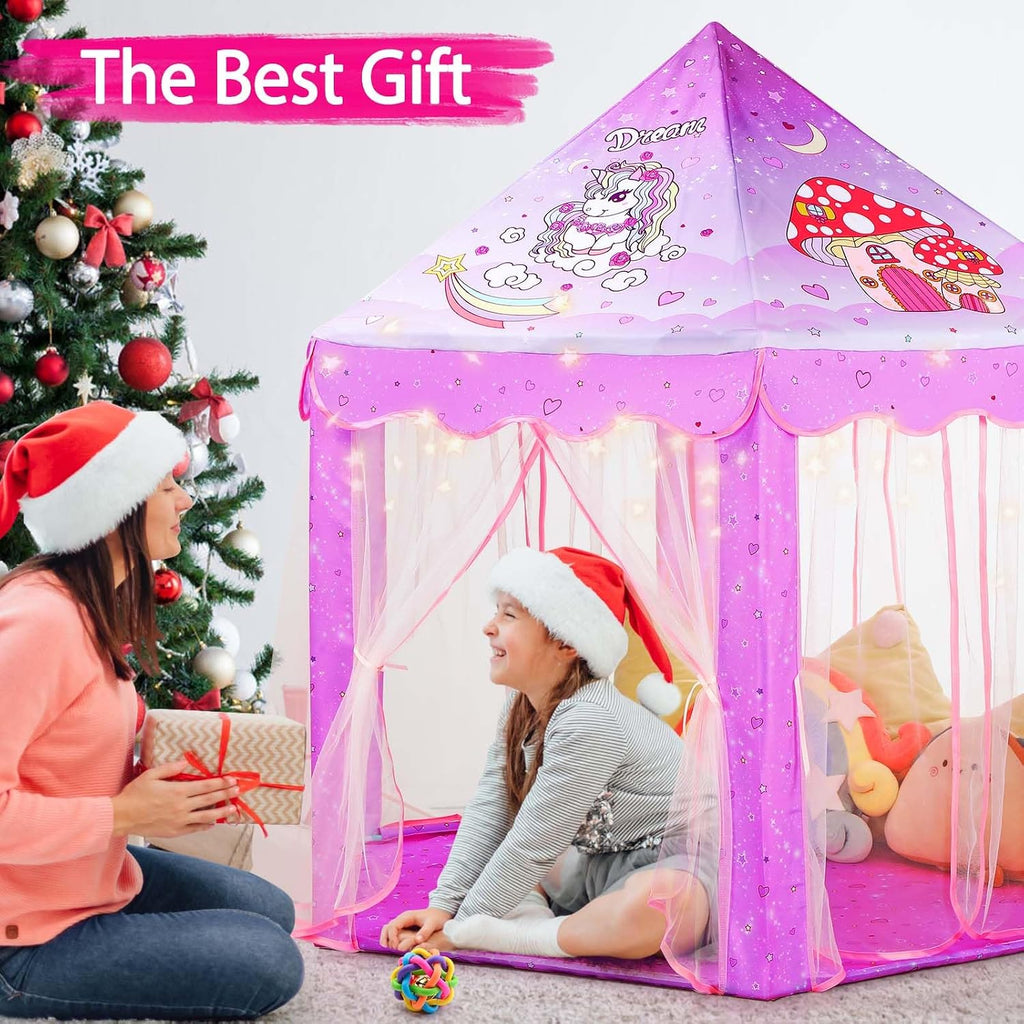 Princess Tent Girls Unicorn Large Playhouse Kids Castle Play Tent with Star Lights Gift Toy for Children Indoor