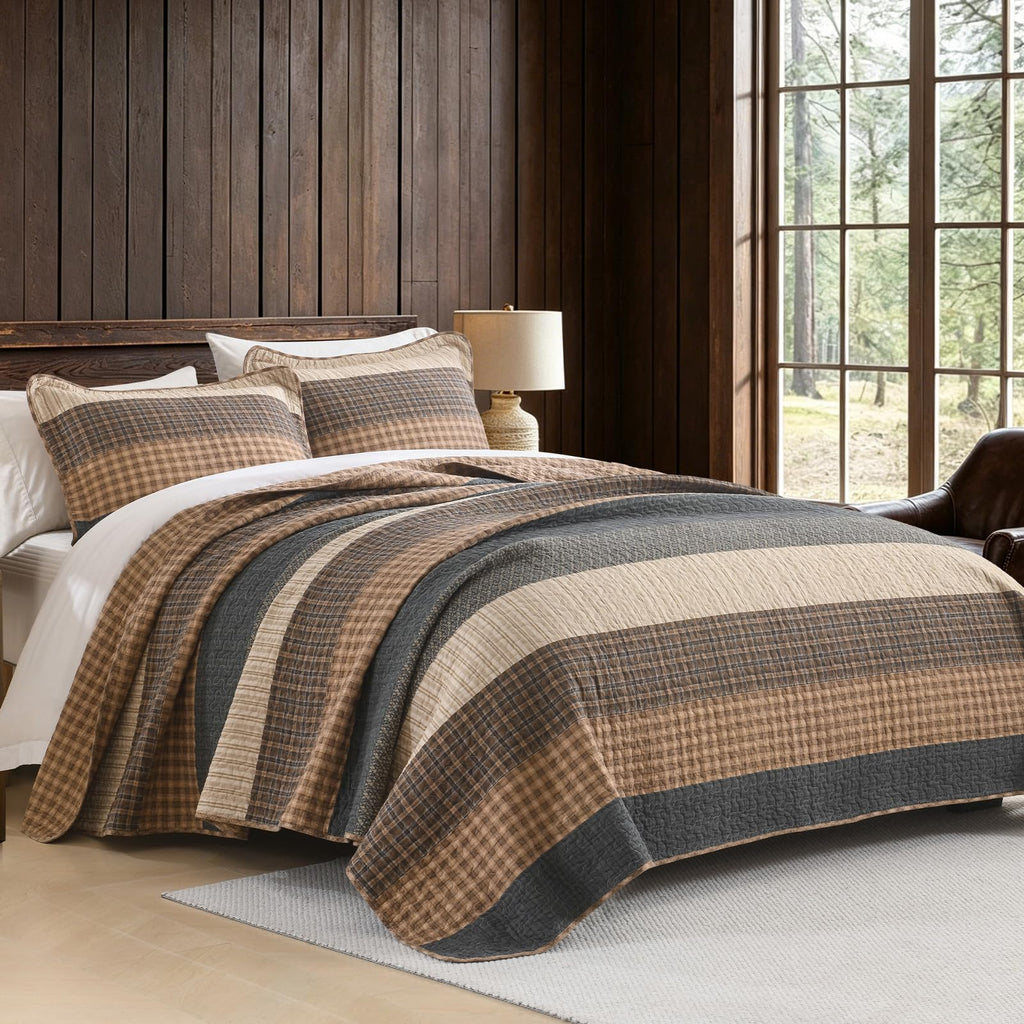 100% Cotton Farmhouse Quilt, Bedspread Set with Pillow Shams, Rustic Patchwork Striped Bedding