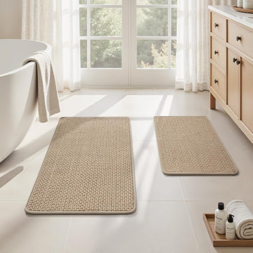 Bathroom Rugs Set 2 Piece Thin Non Slip, Beige 17"x24"+20"x32" | Rubber Backed, Absorbent Quick Dry Bath Rugs, Low