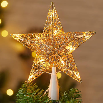 Star Tree Topper, Plug in 3D Twined Golden Star Metal Hollow Designed Christmas Tree Topper Decorations 9 inch,Built