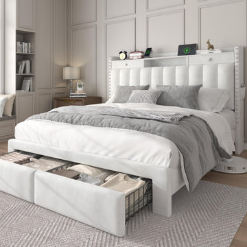 Full Size Bed Frame with 2-Tier Storage Headboard, 4 Drawer, Velvet