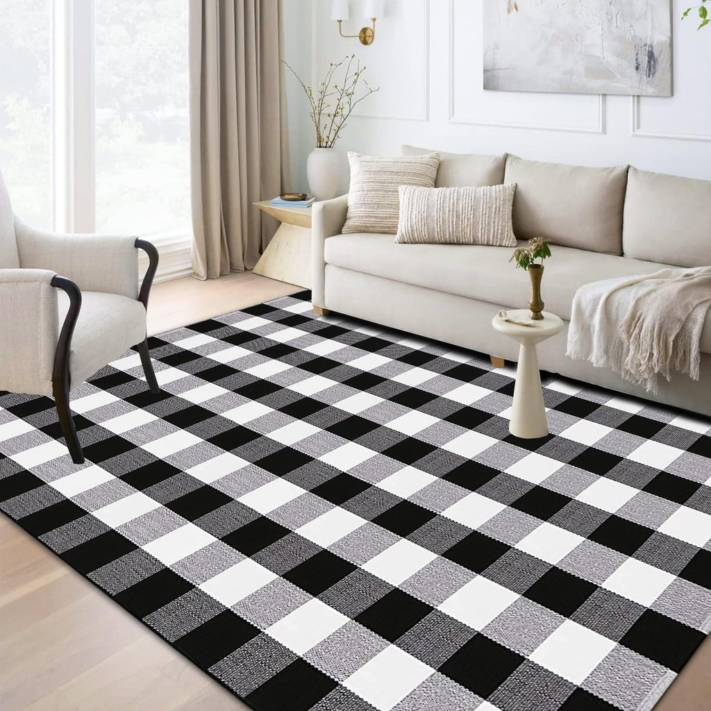 Buffalo Plaid Rug Black and White Checkered Area Rugs, Cotton Hand-Woven Washable Indoor Outdoor Rugs