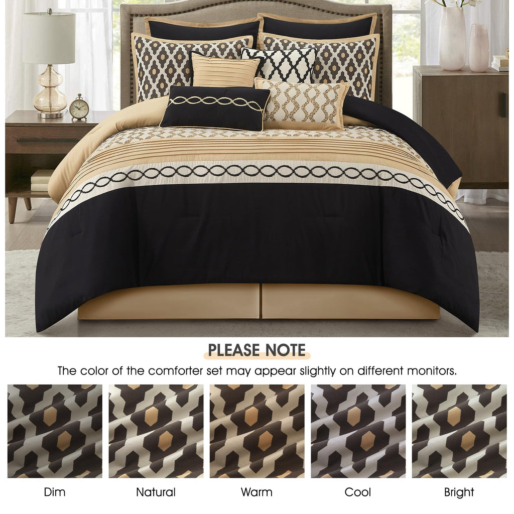 Queen Comforter Set, Black Gold, 10 Piece Bed in a Bag for All Seasons, Luxury Extreme Comfort Bedding Sets with