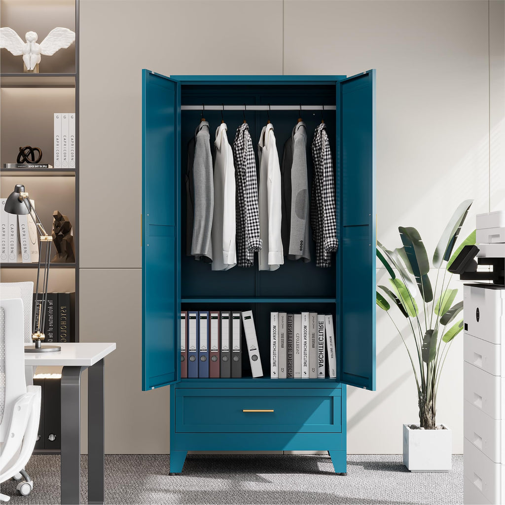 Metal Wardrobe Closet, 71" Armoire Cabinet with Drawer & Hanging Rod, Freestanding 2-Door Clothing Storage with