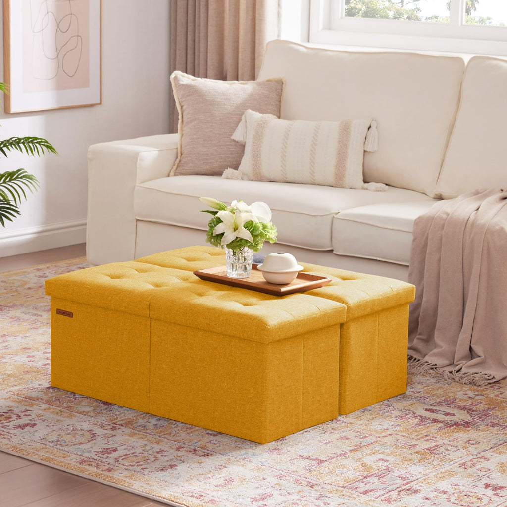 Ottoman with Storage Bench Folding Foot Rest Stool Linen Gold