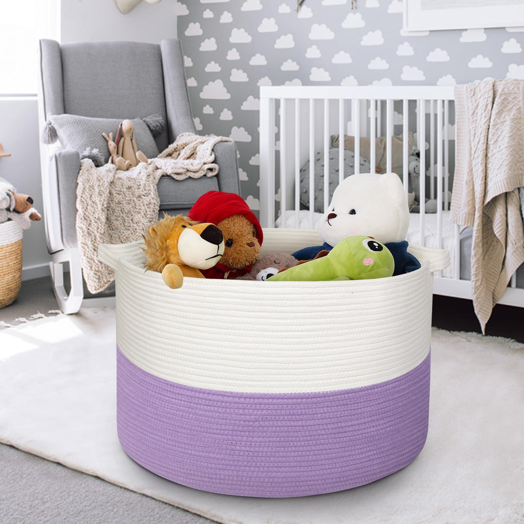 Large Purple Rope Storage Basket, 22x14 Inches Wicker Woven Baskets for Storage, Baby Laundry Hamper, Towel Blanket