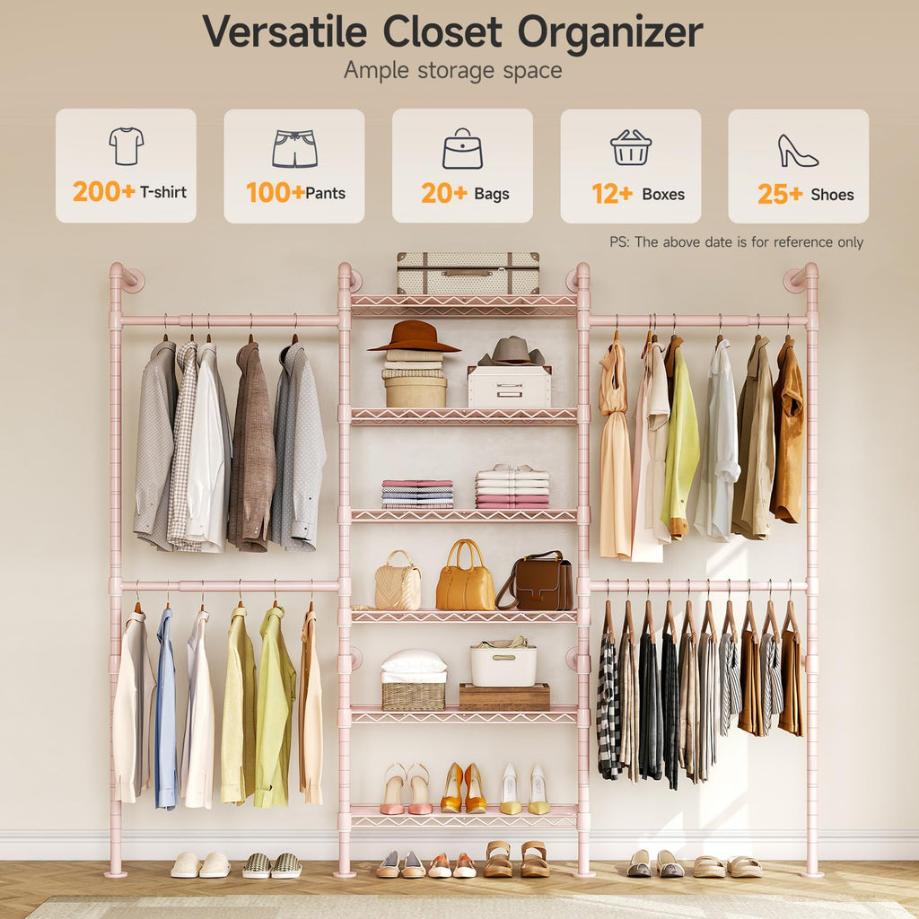 H3 Wall Mounted Closet System, Industrial Pipe Clothing Rack, Pink