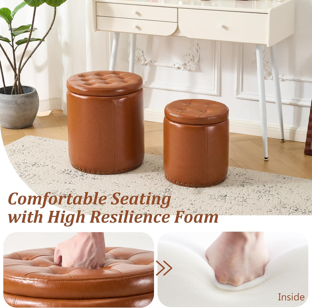 Round Ottoman with Storage Set of 2, Faux Leather Button Tufted Vanity Stool, Storage Ottoman Coffee Table, Small